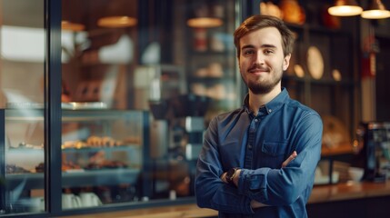 Obraz premium Portrait of young handsome smiling business guy wearing gray shirt and glasses, feeling confident with crossed arms, isolated on white background
