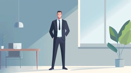 Fototapeta premium A 2D flat style illustration of a business executive character, wearing a sharp business suit, standing confidently in an office setting with minimalistic decor, perfect for representing corporate
