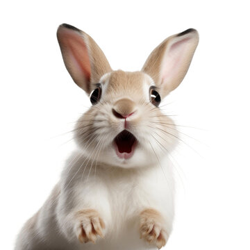A cute rabbit with its mouth open in shock and its ears perked up