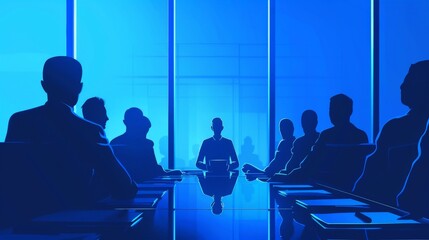 Illustration of a corporate leader in a 2D flat style, depicted during a corporate meeting in a modern boardroom, emphasizing executive decision-making and business strategy in a clean, minimalist