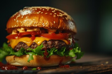 Close-up of a mouthwatering double cheeseburger with lettuce and tomato dripping with sauce