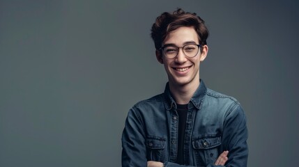 Fototapeta premium Portrait of young handsome smiling business guy wearing gray shirt and glasses, feeling confident with crossed arms, isolated on white background