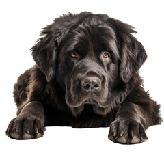 A black Newfoundland dog is lying down with its paws in front of him.