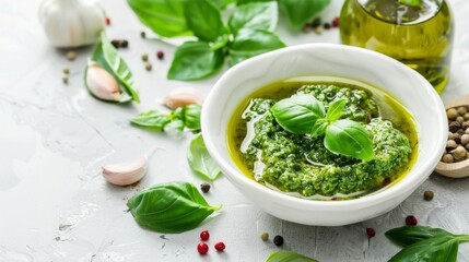 Traditional italian sauce pesto with green basil in wooden bowl isolated on white background