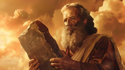 moses holding the ten commandments stone tablets biblical character illustration with blurred background