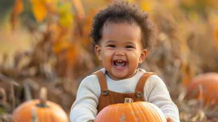 Fototapeta premium African American toddler joyfully holds pumpkins in autumn at the pumpkin patch.