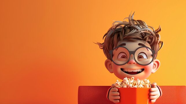 A 3D cute cartoonish boy watching TV with a bowl of popcorn, with space for text