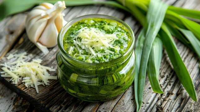 Traditional italian sauce pesto with green basil in wooden bowl isolated on white background