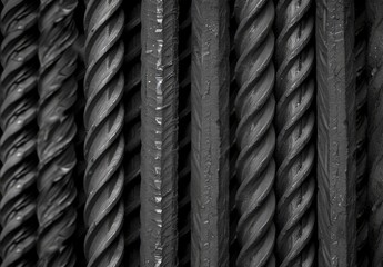 Fototapeta premium Close-up texture of deformed steel bars used in reinforced concrete, showing metal details of rebar and reinforcement rods at a construction site.