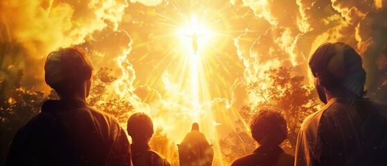 Ascension of Jesus, disciples gazing upward, divine moment close up, spiritual awe, ethereal, Double exposure, sunrise backlight