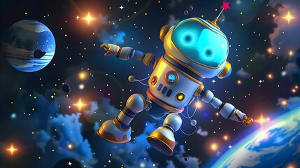 Naklejka premium Adorable robot floating in outer space, surrounded by stars and planets, showcasing a fun and whimsical space adventure.
