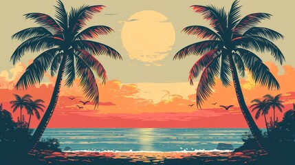 Fototapeta premium Coconut trees flat design front view tropical beach theme water color Split-complementary color scheme