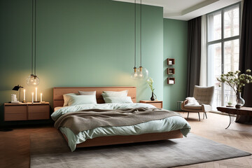 A tranquil bedroom adorned with sleek wooden furniture against a backdrop of muted mint green walls, emitting a sense of peacefulness and simplicity.