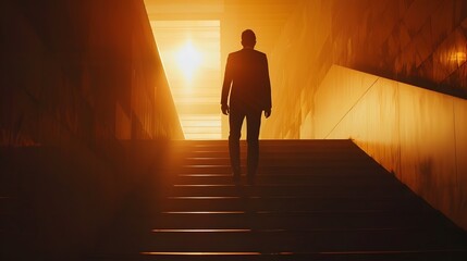 Businessman's Upward Trajectory: Ascending the Illuminated Staircase of Success