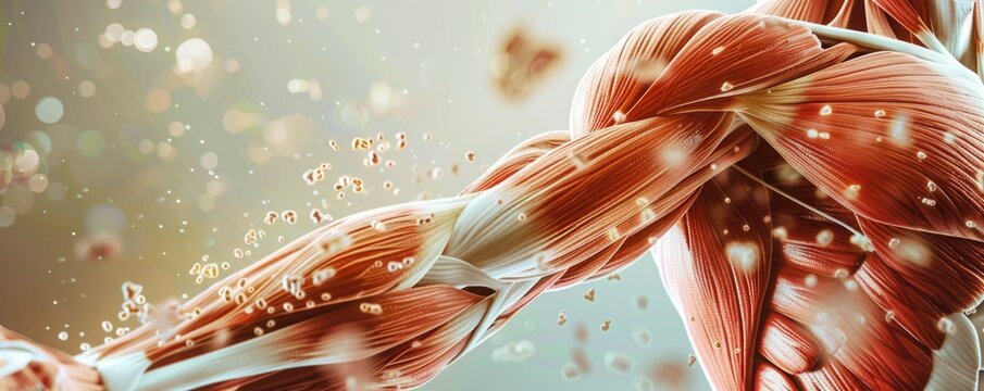 Human anatomy muscle and movement, illustrating muscle contraction close up, physiological processes, realistic, Composite, medical textbook