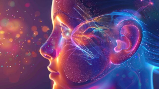 Lighting shines on a 3D rendered vestibular system within the ear, illustrating balance function close up, inner ear anatomy, realistic, Composite, medical textbook backdrop