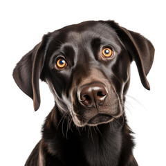 A photo of a chocolate Labrador Retriever looking up at the camera with a curious expression on its face.