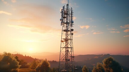 A photo of a 5G antenna on a telecommunications mast with a sunset backdrop