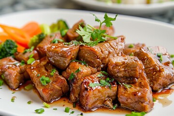 Fototapeta premium Succulent Ginger Pork Stir-Fry with Steamed Vegetables on a White Plate