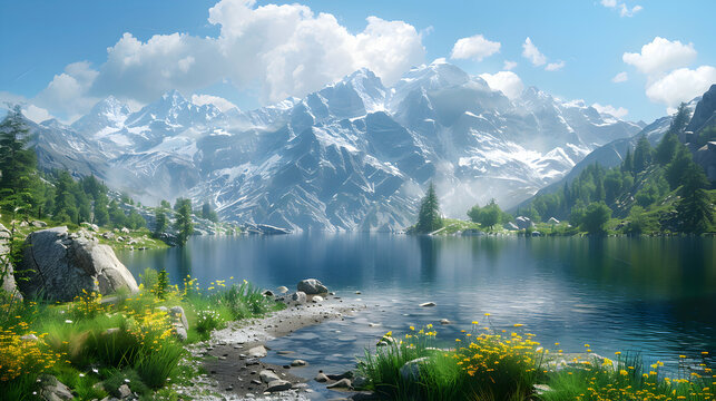 Peaceful Reflections: Mountain Lake Hiking Trail   High Resolution Image Symbolizing the Rewards of Backpacking in Nature