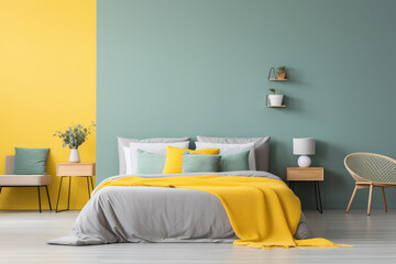 A tranquil bedroom featuring a lemon-yellow wall, a minimalist gray sofa, and a teal bedside table,...