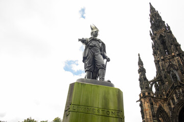 Statue of David Livingstone with seagull on his head, ,East Princes Street Gardens , Edinburgh city...