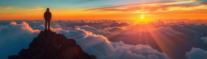 The pinnacle of ambition, a silhouette witnessing a glorious sunrise above the clouds, a metaphor for reaching new heights