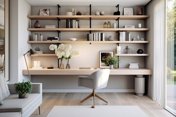 Fototapeta na wymiar A tranquil home workspace adorned with a light desk, a sleek chair, and floating shelves displaying a vibrant collection of books and stylish decorative pieces.