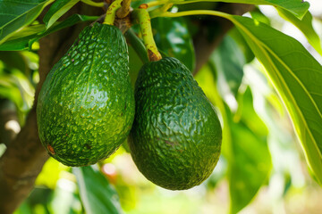 Green avocados hanging on tree branch in garden. Ripening avocado fruits. Organic product