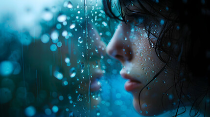 Rainy Window Reflection: High Resolution Photo Realistic Image of Person Evoking Introspection and Calmness in Rainy Season