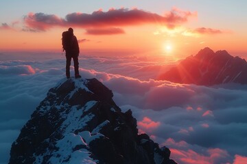 "Conquering the Summit: A Triumph of Achievement as a Guy Stands Atop the Mountain at Sunset