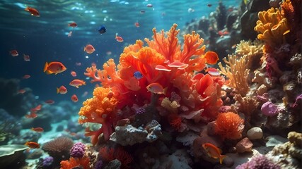 A Close-Up Shot of a Cluster of Vibrant Red and Orange Coral in a Crystal Clear Tropical Reef, Surrounded by an Array of Exotic, Colorful Fish Darting Through the Water, with Rays of Sunlight Piercing