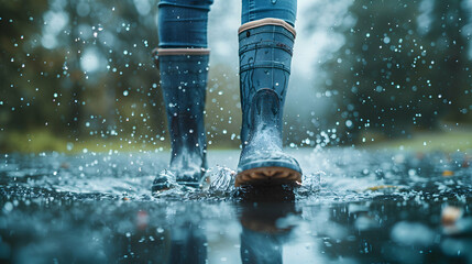 High Resolution Image: Person in Rain Boots Splashing in Puddle on Glossy Backdrop   Fun  Playful Rainy Season Concept