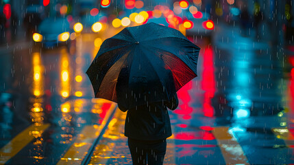 Urban Rainy Season: Person with Umbrella Crossing Wet Street in Rain   High Resolution Photo with Colorful Lights and Reflections