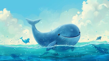 Blue whale jumping in the ocean with dolphins for a whimsical marine design
