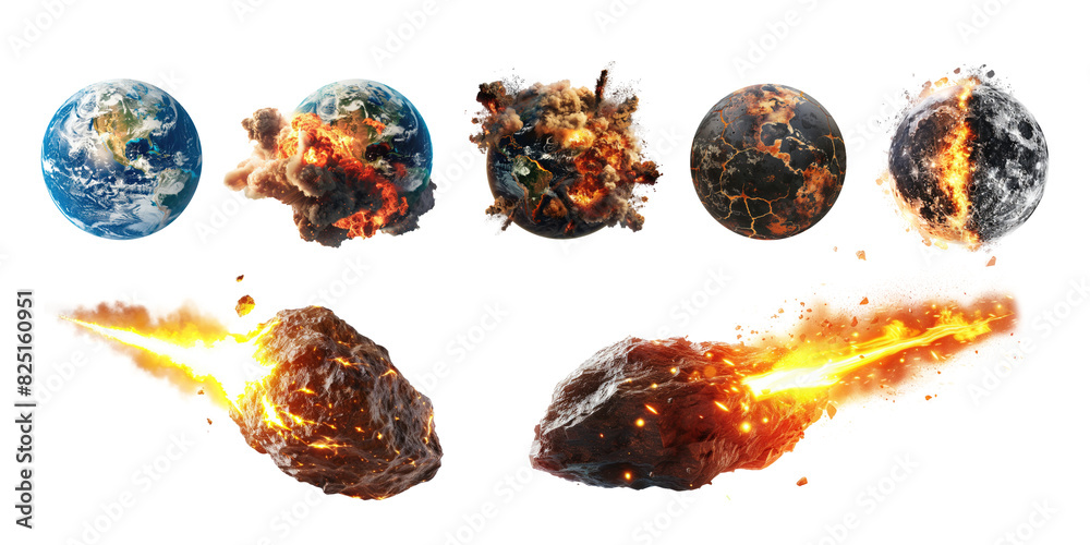 Canvas Prints set of earth and moon explosion with meteors isolated on transparent background. concept of apocalyp