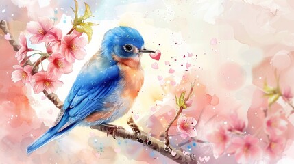 Bluebird Holding a Red Heart in Cherry Blossom Tree for Spring or Romantic Themed Designs
