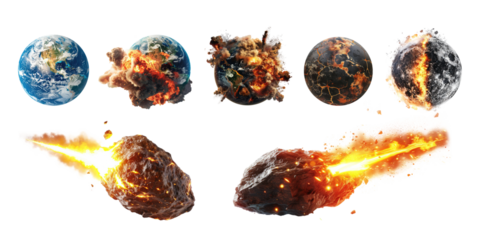 Set of Earth and Moon explosion with meteors isolated on transparent background. Concept of apocalypse.