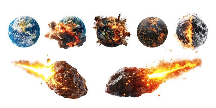 Set of Earth and Moon explosion with meteors isolated on transparent background. Concept of apocalypse.