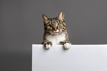 Cute cat holding empty white paper in front of gray studio background with copy space