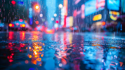 Rainy City Street Reflections: Urban Rainy Season with Colorful Lights and Wet Pavement