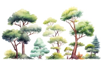 illustration watercolor tree forests scene collection set, grungy texture aquarelle on white background