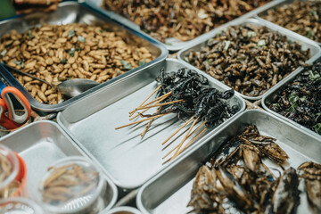 Assorted Edible Insects for Sale at Street Food Market in Bangkok