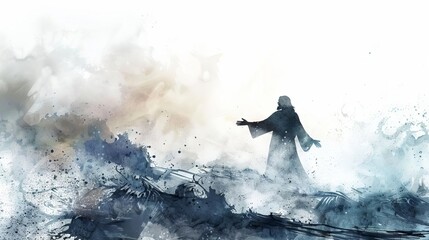 serene watercolor illustration depicting jesus divine power calming the raging storm peaceful white background
