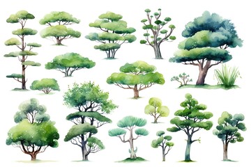 Fototapeta premium illustration watercolor tree collection set, grungy texture aquarelle on white background