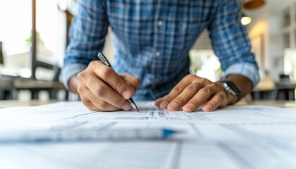 An architectural team collaboratively reviewing blueprints and construction plans in a modern office setting