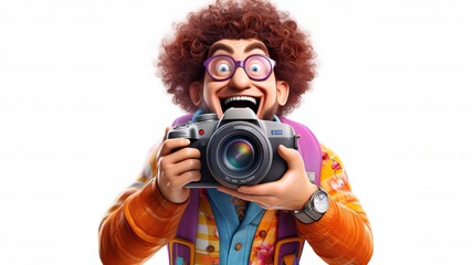 Eccentric photographer capturing vibrant moments with a joyful expression. - Cartoon Character