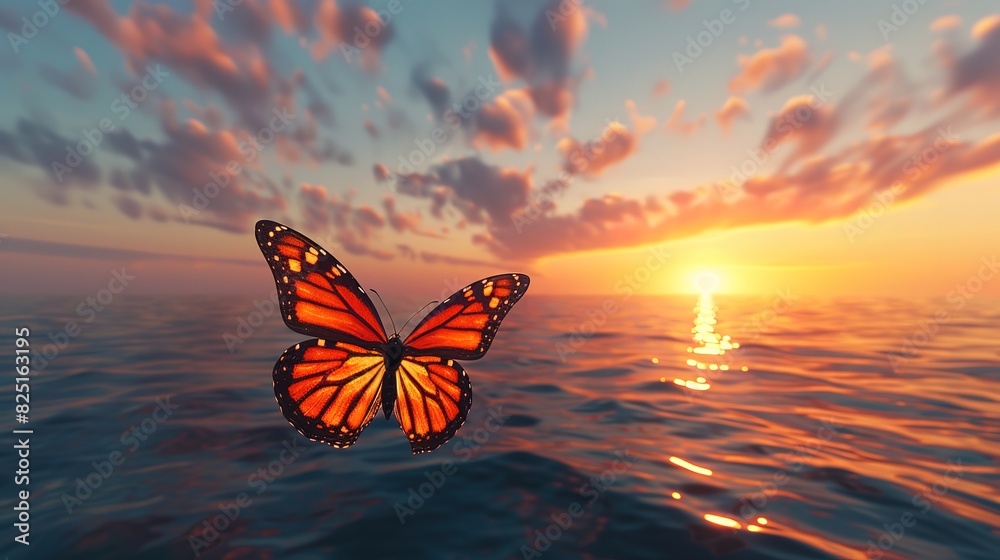 Wall mural Superb Butterfly flying upon the ocean by sunset - Wall murals
