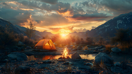 Stunning high resolution image capturing a photo realistic sunset at a campsite with a tent, campfire, and backpacking adventure ambiance against a glossy backdrop