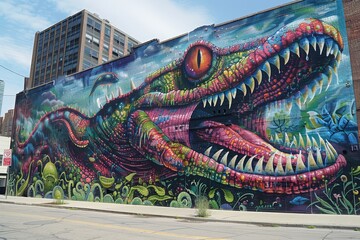 Fototapeta premium Vibrant Street Art Mural of Giant Carnivorous Plant Overtaking City, Symbolizing Rebellion and Eco-Awareness.